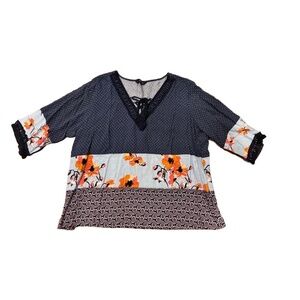 Ali Miles Womens Patchwork Prarie Print V-Neck Boho Top‎ 3/4 Sleeves Large